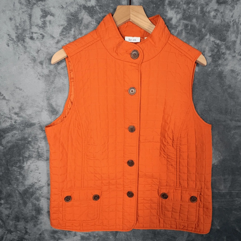 Liz & Co. Womens Quilted Vest Size L Orange Button Up Mock Neck Puffer